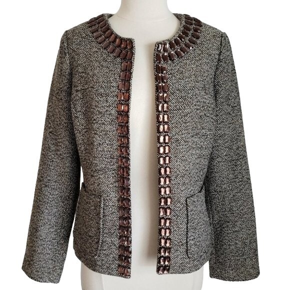Dana Buchman Jackets & Blazers - Dana Buchman Rhinestone Brown & Gray Tweed Open-Front Blazer/Jacket- Size 6